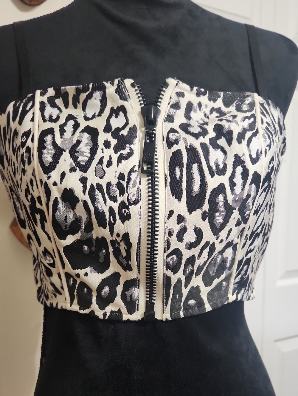 John John Black and White Leopard Zip-Front Crop Top